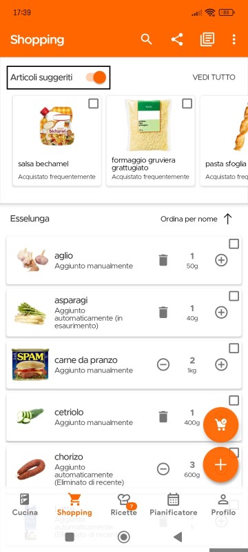 Toggle suggested items switch on Shopping List